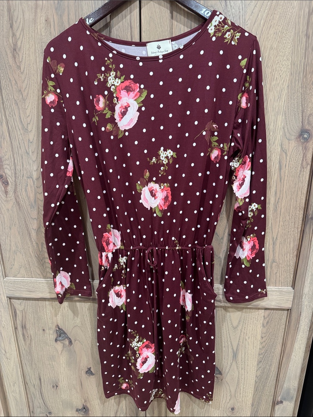Burgundy Floral Polka Dot Long-Sleeve Dress with Tie Waist